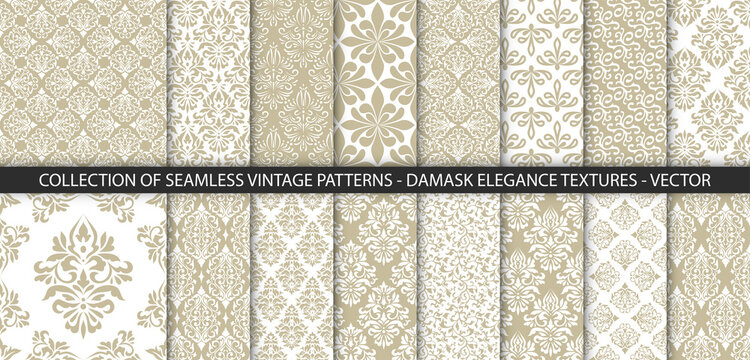 Collection of 16 floral vintage patterns. Baroque, damask wallpapers. Seamless vector backgrounds. Elegance luxury victorian style textures.