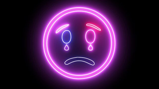 Neon emoji face, crying sign and sad face. Web character with neon, glowing light.