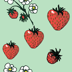 seamless background of hand-drawn berries, flowers and strawberry leaves, isolated on a white and colored background
