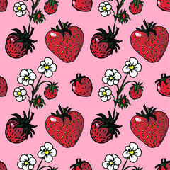 seamless background of hand-drawn berries, flowers and strawberry leaves, isolated on a white and colored background