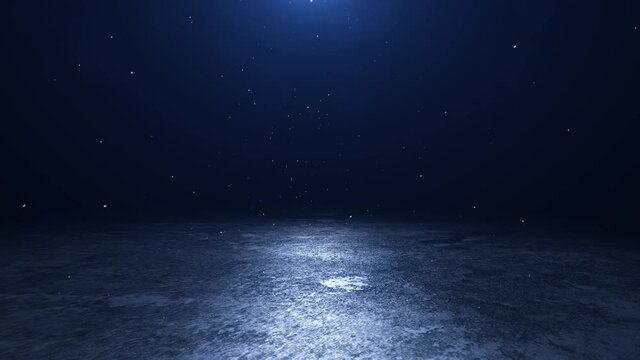 abstract dark blue concentrate floor scene with particles flare and light, spotlight and display. 