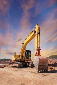 Huge Heavy Shovel Excavator Digger On Gravel Construction Site