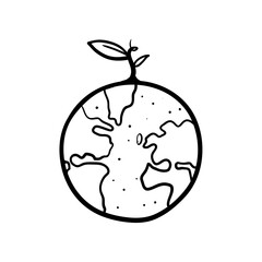 hand drawn doodle eart with seed plant symbol for Eco environment cartoon