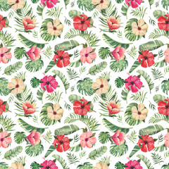 Pattern with beautiful watercolor tropical flowers and leaves. Tropics. Realistic tropical leaves. Tropical flowers. - 354469600