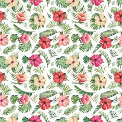 Fotobehang Tropische Bladeren Pattern with beautiful watercolor tropical flowers and leaves. Tropics. Realistic tropical leaves. Tropical flowers.  © asanova_nastya_art