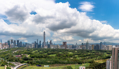 Skyline of high-rise urban skyline in Nanshan District, Shenzhen, China under clear sky