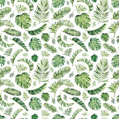 Pattern with beautiful watercolor tropical leaves. Tropics. Realistic tropical leaves. - 354469619