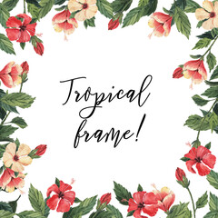 Frame with beautiful watercolor tropical flowers and leaves. Tropics. Realistic tropical leaves. Tropical flowers. - 354469639