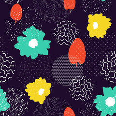 Seamless pattern with leaves, flowers, circles. Beautiful seamless pattern with hand-drawn plants. Nature vector print.