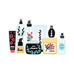 Vector cosmetic products. Natural cosmetics. Beauty care. Flat hand drawn elements is for advertising banner, post on social network, flyer, label, broshure, poster, website design for cosmetic store