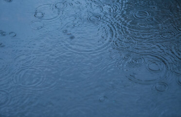 Raindrops on a water surface - a rainy weather background
