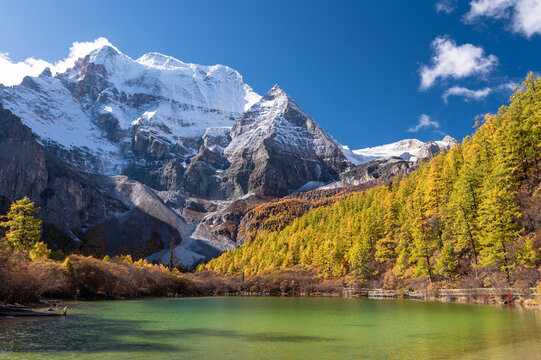 Beautiful Autumn scene of pearl lake in Daocheng Yading National park, Sichuan, China