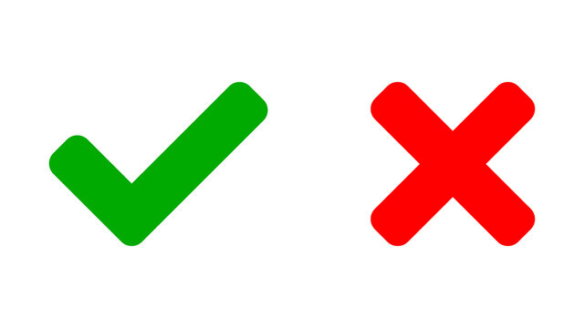 Yes and No or Right and Wrong or Approved and Declined Icons with Green Check Mark and Red X Sign. Vector Image.