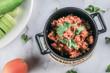 Popular Home Cooking Northern Thai meat and tomato spicy dip sauce, usually eat with fresh vegetables such as cucumber and chinese cabbage. Thai food 