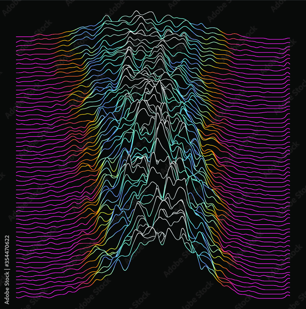 Poster Generative art and data visualization of Simplex or Perlin noise function. Vaporwave and synthwave style vector illustration.