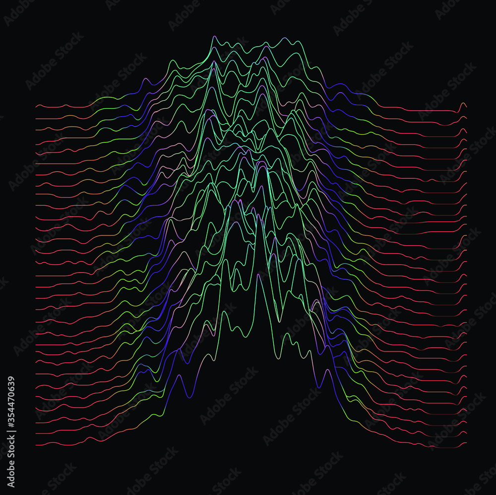 Poster Generative art and data visualization of Simplex or Perlin noise function. Vaporwave and synthwave style vector illustration.