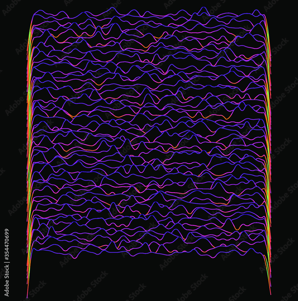 Poster Generative art and data visualization of Simplex or Perlin noise function. Vaporwave and synthwave style vector illustration.