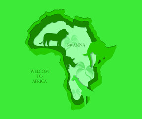 Paper cut of Welcome to Africa. Africa has savanna meadows that are home to many wildlife. Both carnivores and herbivores such as lions, elephants, rhinos, giraffe.