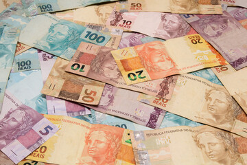 Brazilian money background. Bills called Reais (Real).