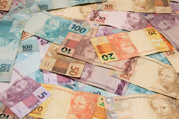 Brazilian money background. Bills called Reais (Real).