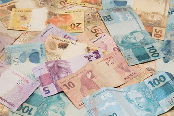 Brazilian money background. Bills called Reais (Real).