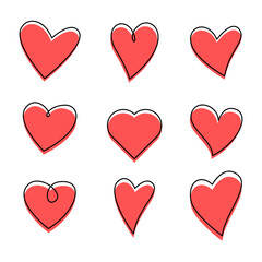 Heart shape vector bundle icons set isolated on white background. love design decoration for greeting card or wedding with doodle comic style