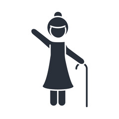 grandmother with walk stick and bun hair, family day, icon in silhouette style