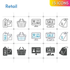 retail icon set. included shopping bag, online shop, sale, price tag, shopping-basket, shopping basket icons on white background. linear, bicolor, filled styles.