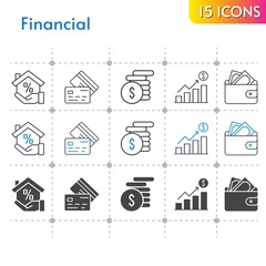financial icon set. included profits, mortgage, wallet, money, credit card icons on white background. linear, bicolor, filled styles.