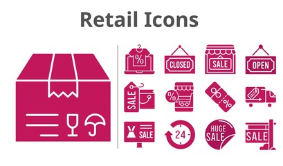 Fototapeta premium retail icons set. included online shop, shopping bag, 24-hours, sale, package, shop, closed, discount, delivery truck, open icons. filled styles.