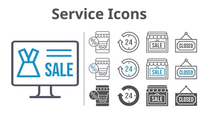 service icons icon set included online shop, 24-hours, shop, closed icons