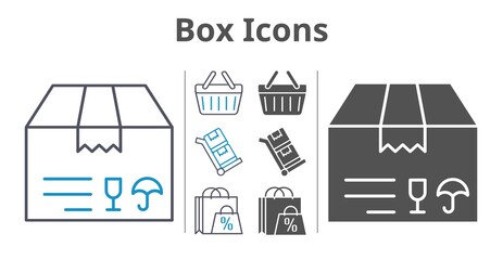 box icons icon set included shopping bag, package, shopping-basket, trolley icons