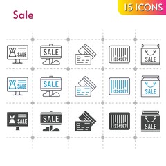 sale icon set. included online shop, shopping bag, sale, credit card, barcode icons on white background. linear, bicolor, filled styles.