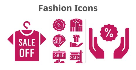 fashion icons set. included sale, shirt, discount, jacket icons. filled styles.