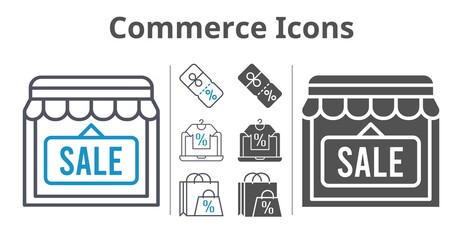 commerce icons icon set included online shop, shopping bag, shop, discount icons