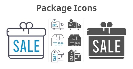package icons icon set included gift, shopping bag, package, delivery truck icons