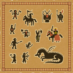 Fototapeta na wymiar Set of Medieval Fantasy Icons with multiple role-playing game and Middle Ages character silhouettes on a square parchment background with an ornate frame.
