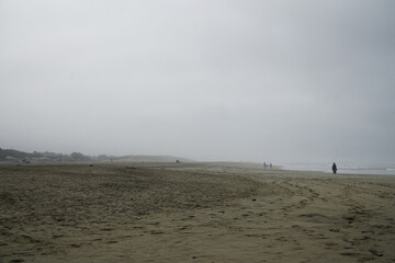 Fototapeta na wymiar Deserted beach. People in the distance. Fog on the shore