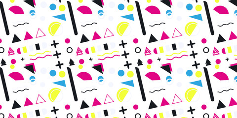 Memphis geometric shapes patterns. Memphis design elements. Retro funky graphic, 90s trends designs and vintage geometric print illustration element. Colorful memphis style backgrounds vector.