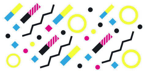 Memphis geometric shapes patterns. Memphis design elements. Retro funky graphic, 90s trends designs and vintage geometric print illustration element. Colorful memphis style backgrounds vector.