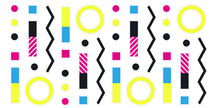 Memphis geometric shapes patterns. Memphis design elements. Retro funky graphic, 90s trends designs and vintage geometric print illustration element. Colorful memphis style backgrounds vector.