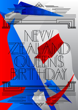 Art Deco New Zealand Queen's Birthday (June 1) Text. Decorative Greeting Card, Sign With Vintage Letters.