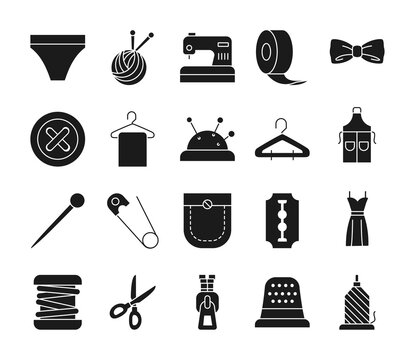 scirssors and sewing icon set, silhouette style