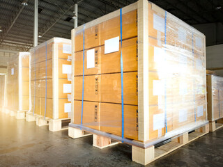  Packaging Boxes Wrapped Plastic Film on Pallets in Storage Warehouse. Supply Chain. Storehouse Commerce Shipment. Shipping Warehouse Logistics.	