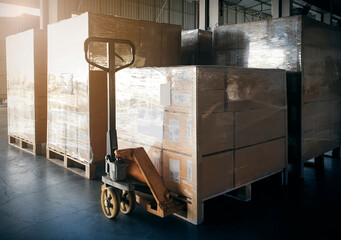 Large shipment pallets goods in interior warehouse storage. shipment cargo export. Warehouse...