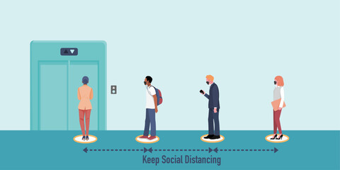 Office people wearing mask keep social distancing while queueing at elevator (lift). © Voranee
