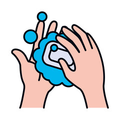 hands washing with soap bar and water, line and fill style