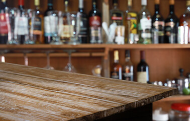 Wood Table Top in Blur Background room interior with empty copy space.