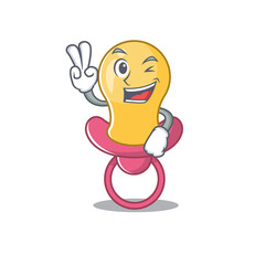 Happy baby pacifier cartoon design concept show two fingers