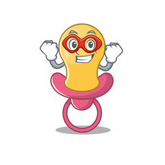 A cartoon drawing of baby pacifier in a Super hero character